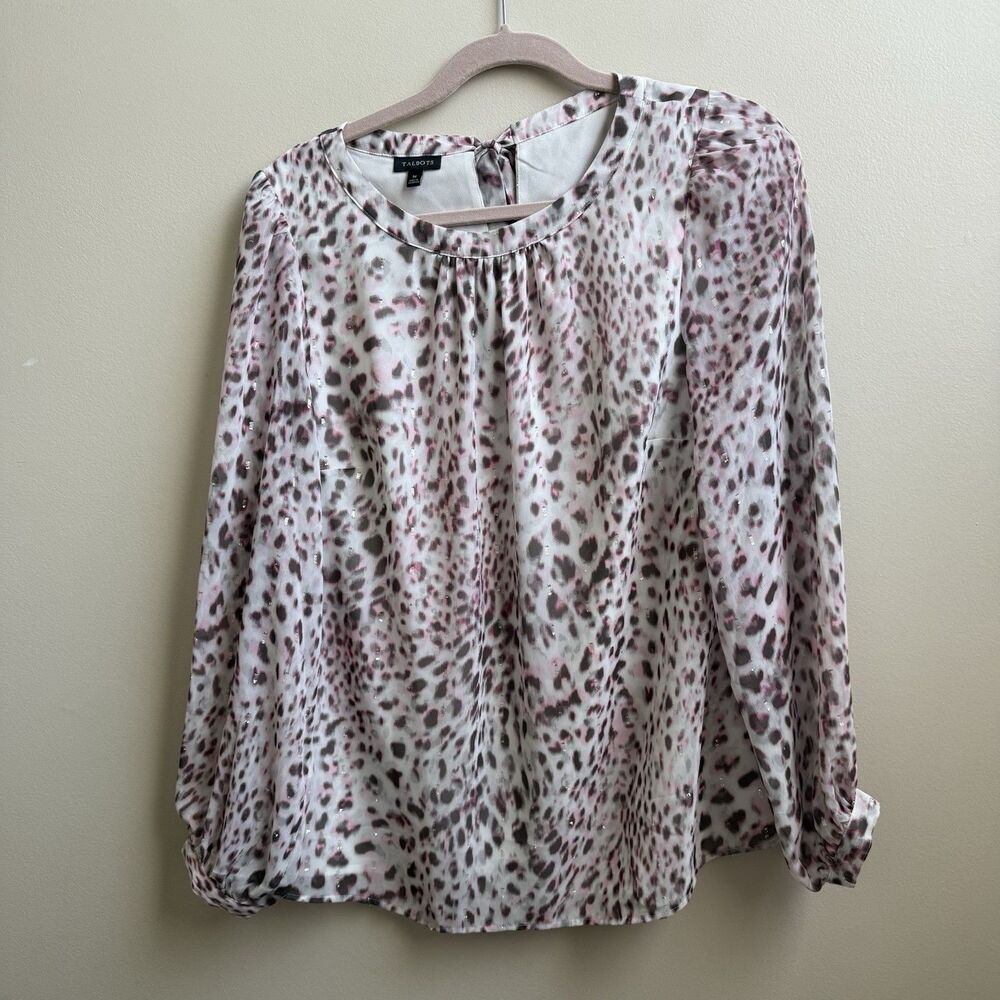 Talbots Womens Shirt Blouse White Pink Leopard Animal Tie Neck Size Medium
